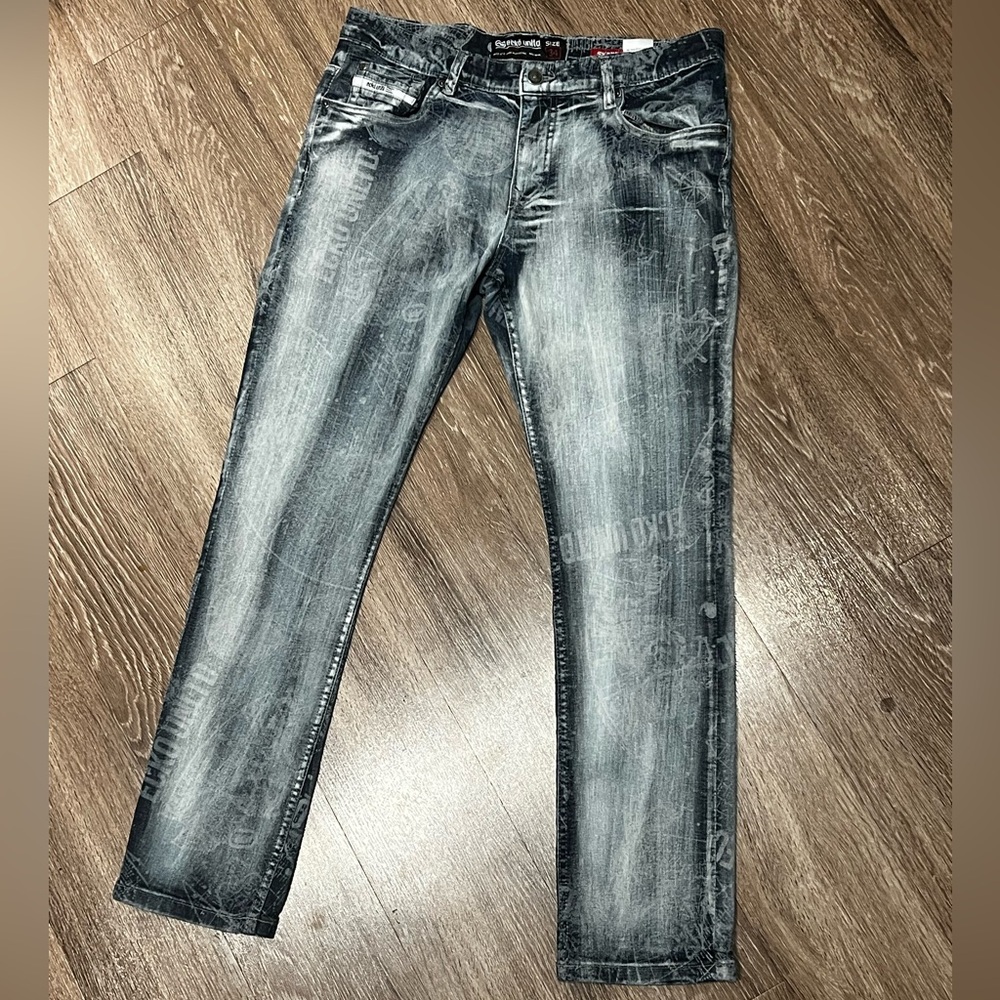 Ecko Unltd Mens Skinny Jeans Blue Acid Wash Logo Print Denim Size 34 Streetwear